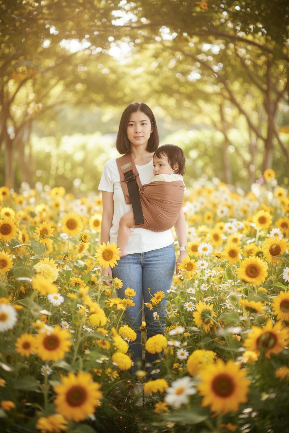 Mother with baby in Timang carrier in sunflower field